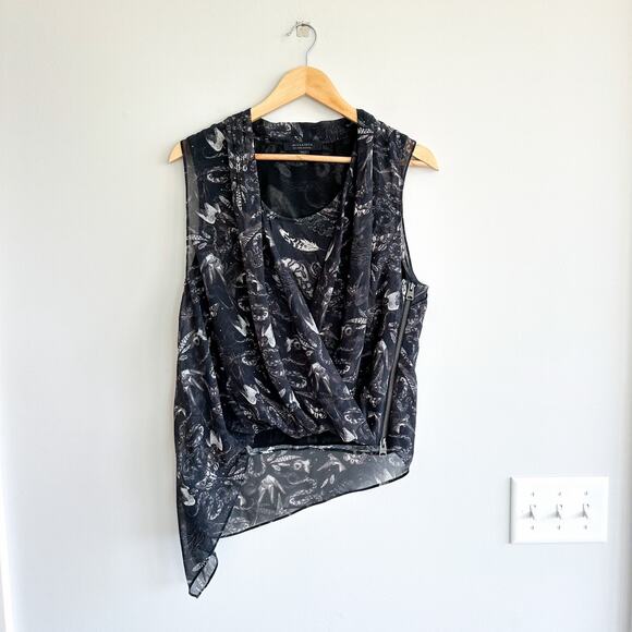 ALLSAINTS Abi Somnium Asymmetrical Draped Botanical Print Top Black 10 - Picture 1 of 11